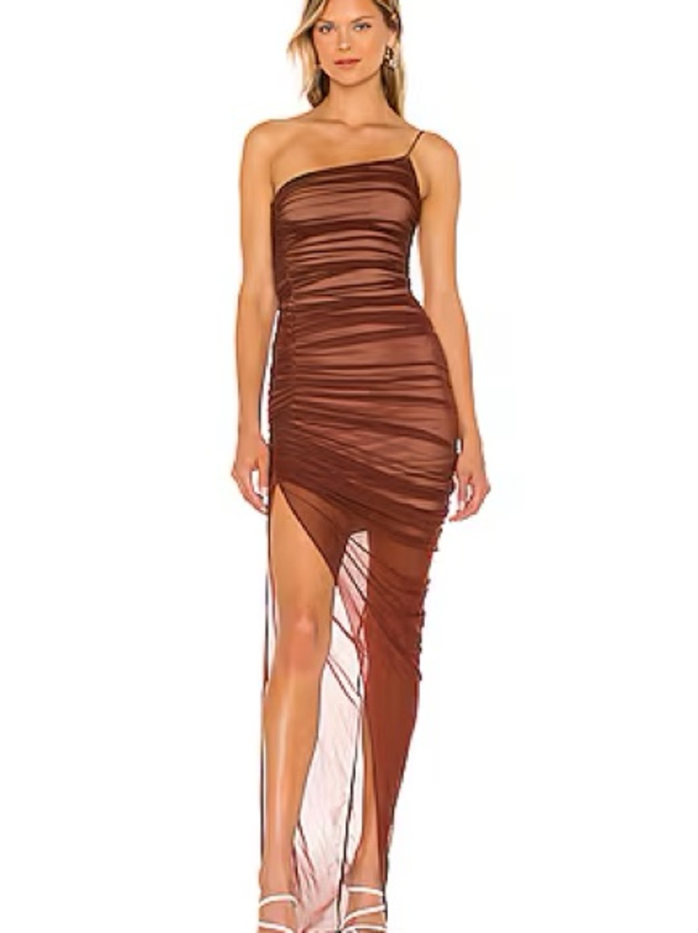 Nookie Mecca Dress - Brown One-Shoulder Ruched Asymmetrical Maxi Dress